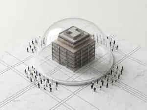Architectural scale model of an office building under a glass dome on white marble with grid lines and miniature figures arranged below.