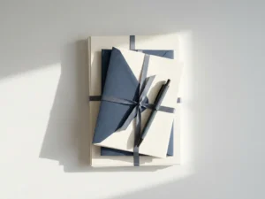 Stacked certification documents and sealed envelopes on a white desk with a pen resting diagonally across them.