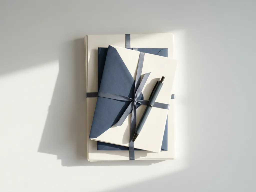 Stacked certification documents and sealed envelopes on a white desk with a pen resting diagonally across them.