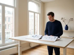 Ontwikkelaar aan staand bureau vergelijkt twee projectmappen met organigrammen en tijdlijn in modern Amsterdams kantoor met noordelijk daglicht.