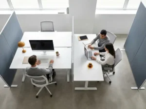 Twee ontwikkelaars werken zelfstandig en samen aan witte bureaus in een minimalistisch kantoor met natuurlijk licht.