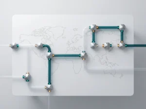Geometrische pipeline met verbonden knooppunten, gloeiende teal en amber statusindicatoren op een wit bureau met wereldkaartomtrek.
