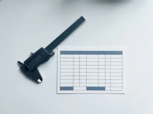 Precision caliper resting diagonally on a white desk beside a minimalist scorecard grid in slate blue and charcoal tones.
