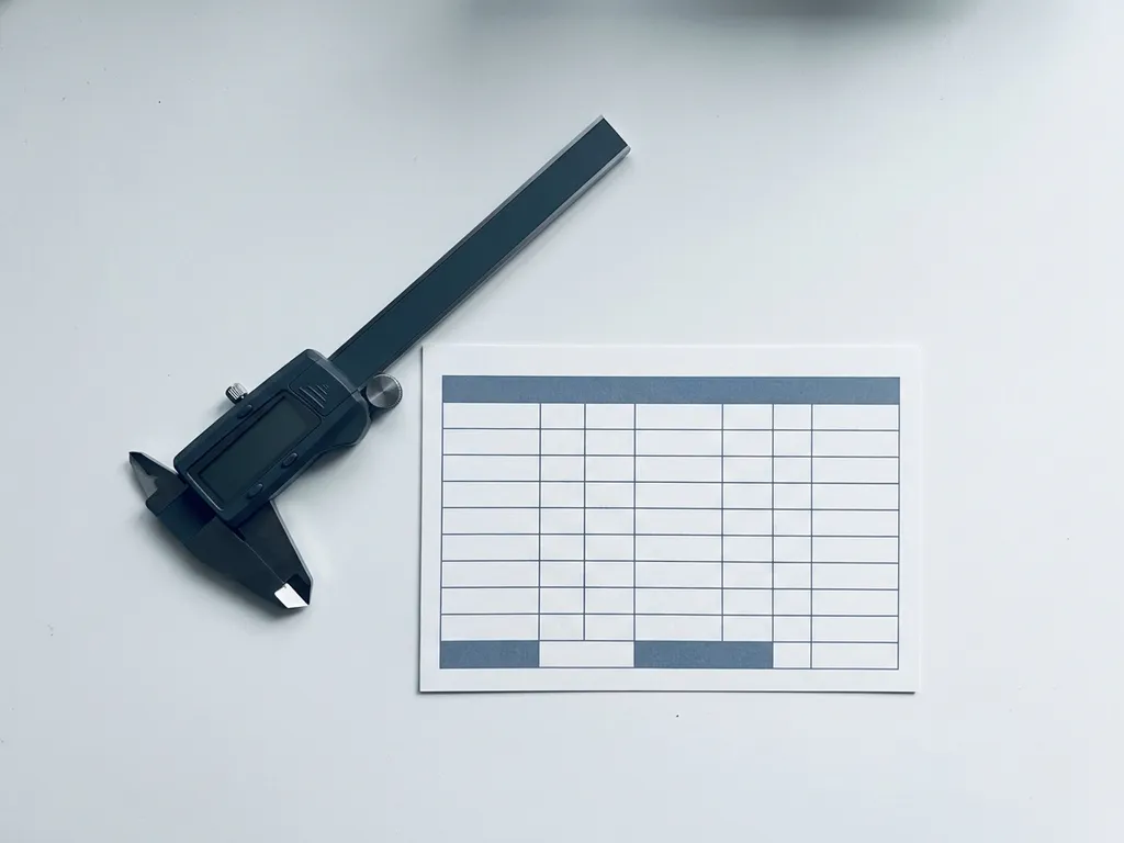 Precision caliper resting diagonally on a white desk beside a minimalist scorecard grid in slate blue and charcoal tones.