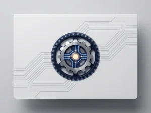 Precision-machined metal gear assembly embedded in a white desk with circuit-etched grooves and a glowing central node, flat lay view.