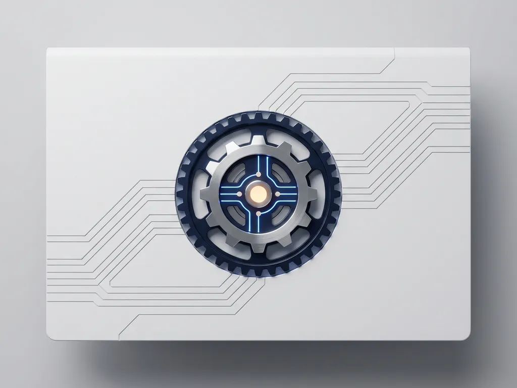 Precision-machined metal gear assembly embedded in a white desk with circuit-etched grooves and a glowing central node, flat lay view.