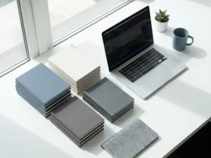 Kleurgecodeerde programmeerboeken op een wit bureau naast een laptop, met natuurlijk licht in een minimalistisch kantoor.