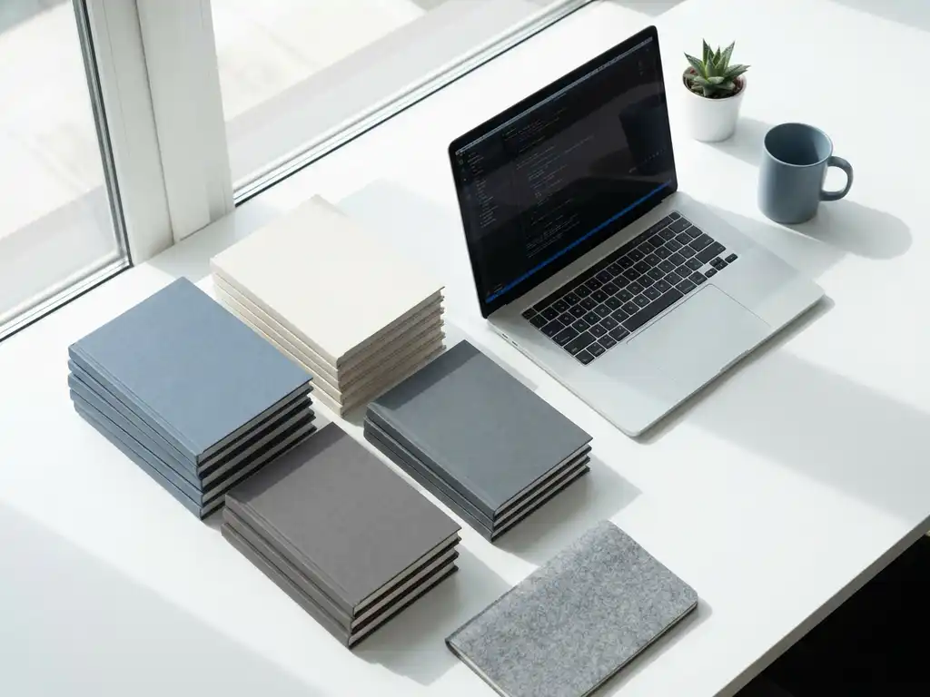 Kleurgecodeerde programmeerboeken op een wit bureau naast een laptop, met natuurlijk licht in een minimalistisch kantoor.