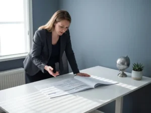 Nederlandse professional in blazer bestudeert projectroadmap aan wit bureau met globe en plant, zachte daglichtschaduwen.