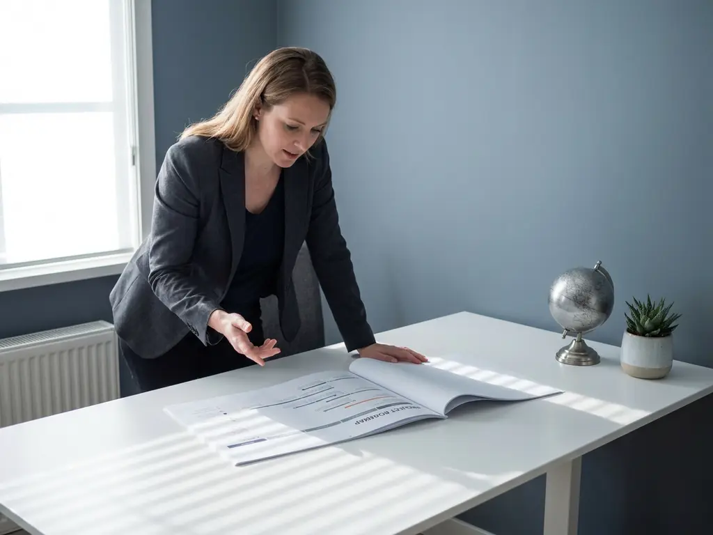 Nederlandse professional in blazer bestudeert projectroadmap aan wit bureau met globe en plant, zachte daglichtschaduwen.