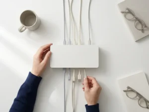 Projectmanager verbindt meerdere kabels met een centrale hub op een minimalistische witte tafel, bovenaanzicht met natuurlijk licht.