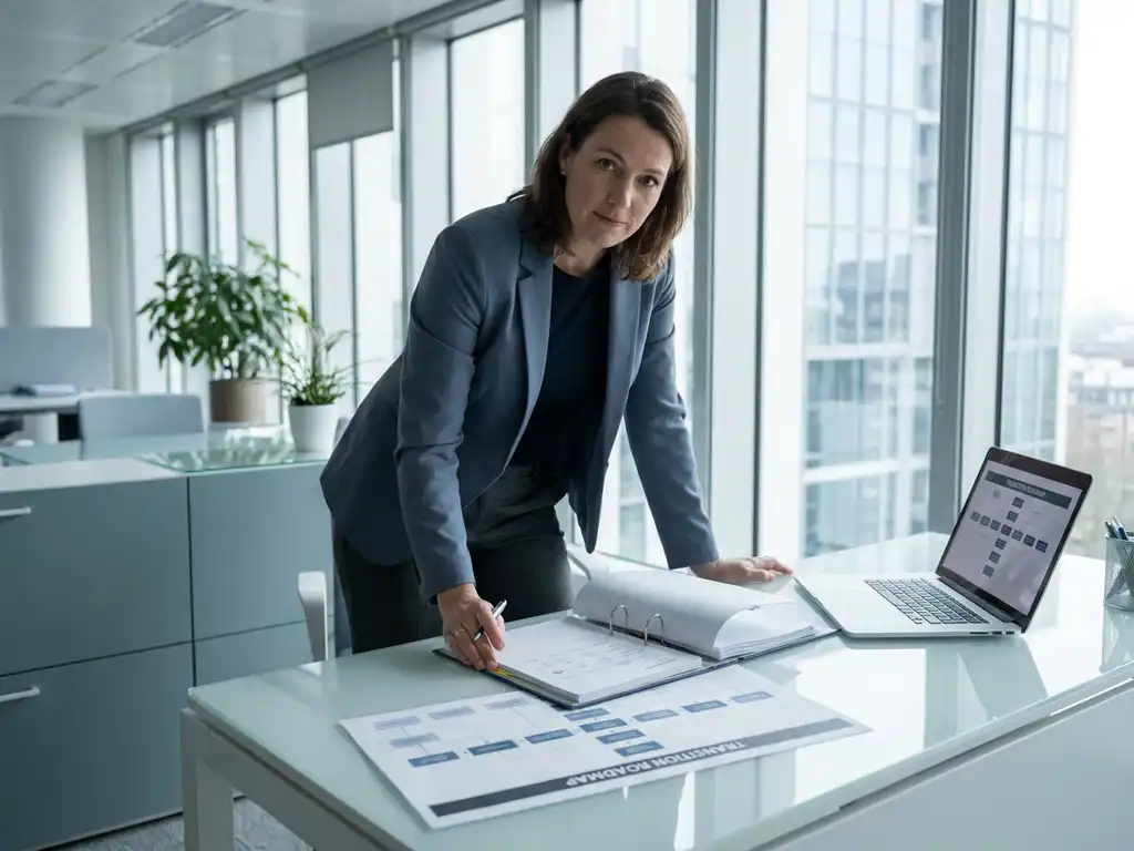 Nederlandse projectmanager bekijkt transitie-roadmap op modern glazen bureau in licht minimalistisch kantoor met natuurlijk daglicht.