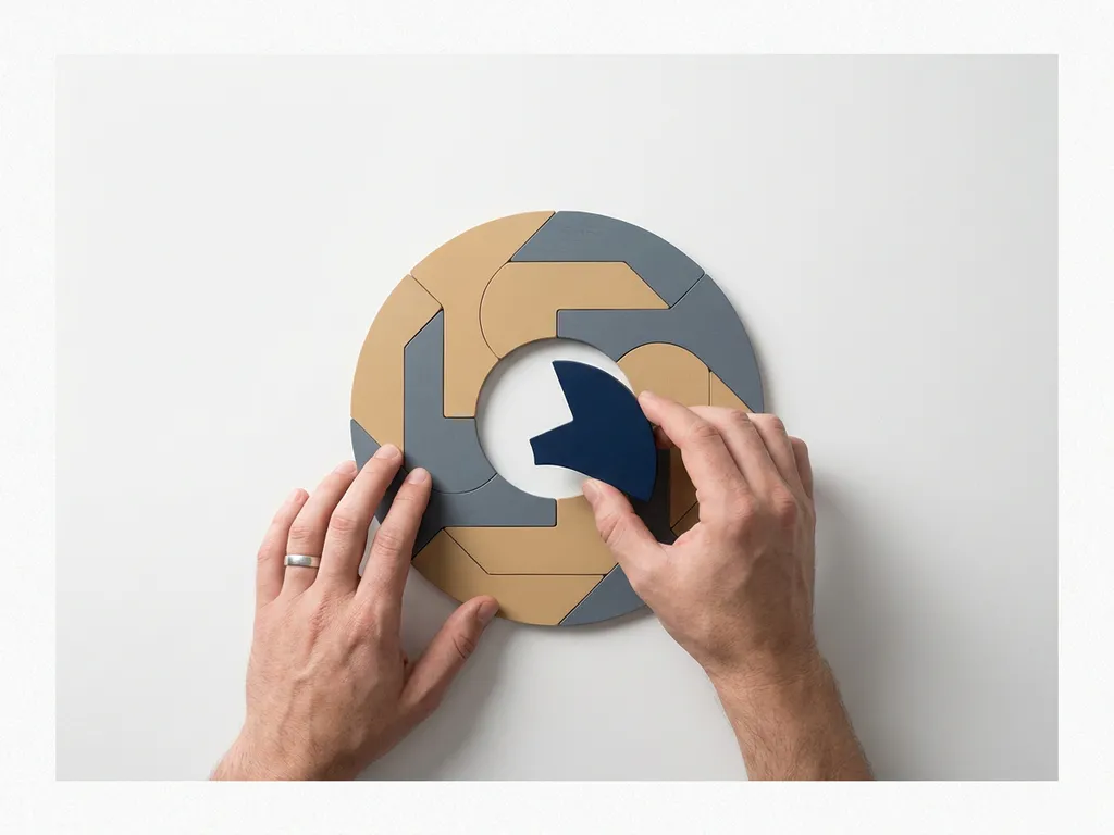 Hands placing the final piece of a geometric puzzle on a white desk, navy and sand tones, flat lay composition suggesting resolution.