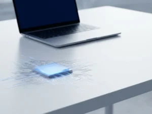 Glowing quantum processor chip on white surface with geometric circuit pathways, slim laptop in background, cool blue and silver tones.