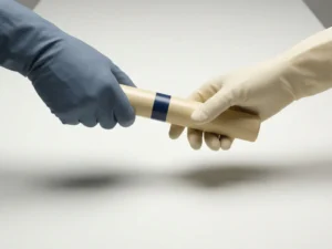 Relay baton mid-transfer between two hands over a white desk, symbolizing a seamless handoff, in soft ivory and slate blue tones.