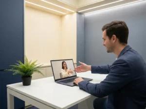 Nederlandse professional schudt hand met remote collega zichtbaar op laptopscherm, modern minimalistisch kantoor met witte bureau en kamerplant.