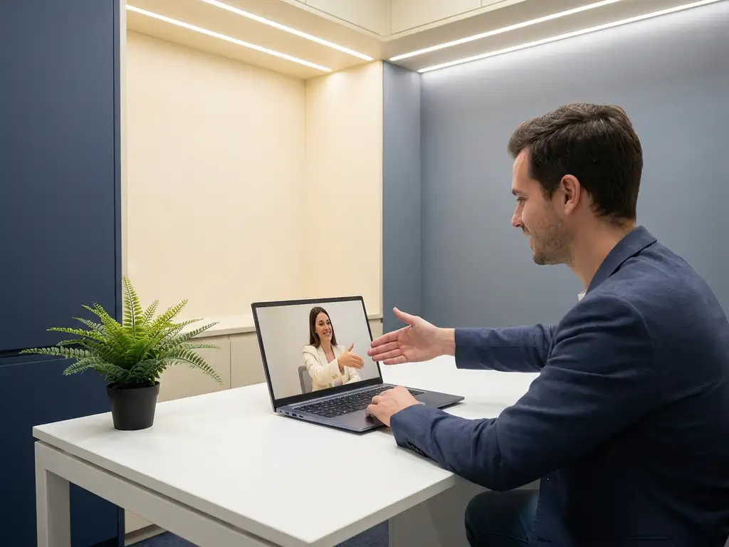 Nederlandse professional schudt hand met remote collega zichtbaar op laptopscherm, modern minimalistisch kantoor met witte bureau en kamerplant.