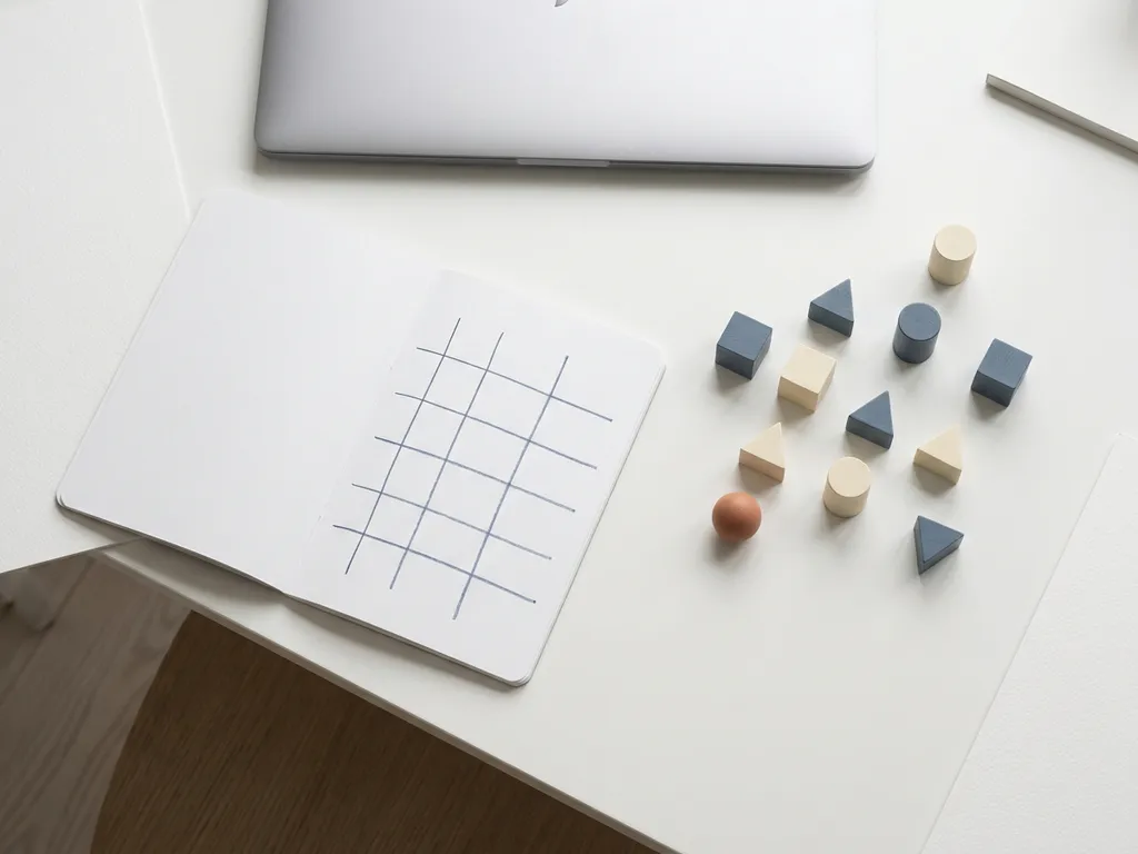 Overhead flat lay of a white desk with an open sprint-grid notebook, laptop, and geometric tokens arranged for distributed team planning.