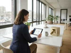 Professional bekijkt resultaten-dashboard op minimalistisch bureau met geometrisch trofee-object in modern Amsterdams kantoor.