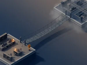 Taut rope bridge linking two geometric platforms suspended in navy and slate space, symbolizing reliable remote work connection.