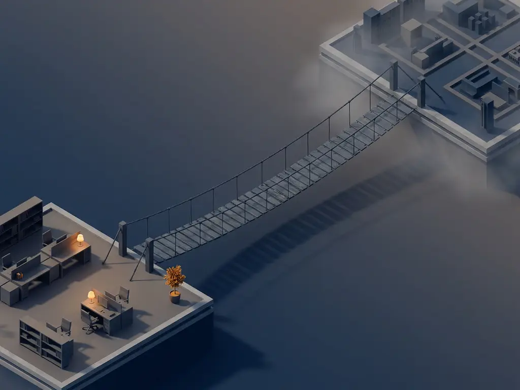 Taut rope bridge linking two geometric platforms suspended in navy and slate space, symbolizing reliable remote work connection.