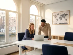 Twee professionals werken samen aan een laptop in een licht modern Amsterdams kantoor met wereldkaart aan de muur.