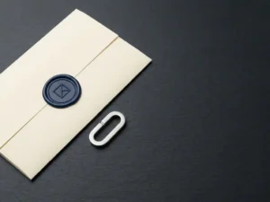 Sealed wax-stamped contract on dark slate beside a brushed steel chain link, navy and silver tones with warm ivory paper.