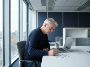 Nederlandstalige senior developer bestudeert technische beoordelingslijst aan een minimalistisch bureau met laptop en natuurlijk zijlicht.
