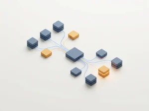 Geometric server nodes in slate blue and amber connected by thin lines converging to a central hub on a white surface.