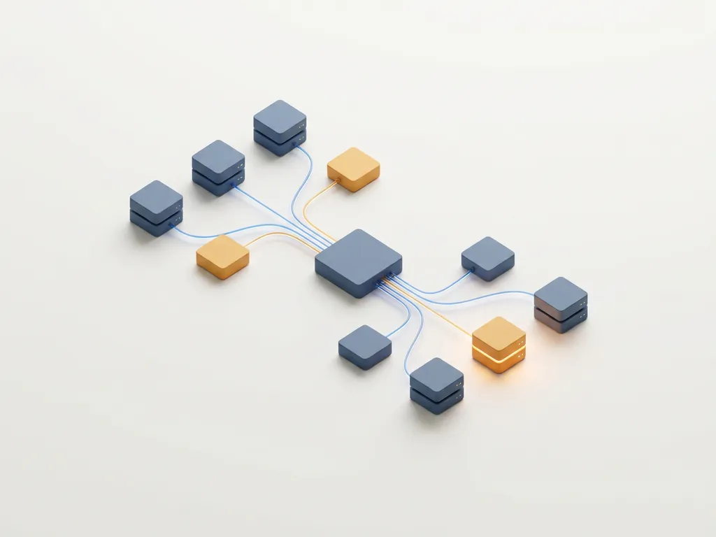 Geometric server nodes in slate blue and amber connected by thin lines converging to a central hub on a white surface.