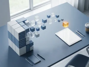 Serverrack die oplost in zwevende geometrische kubussen boven een modern bureau, symboliseert de overgang van fysieke naar digitale infrastructuur.