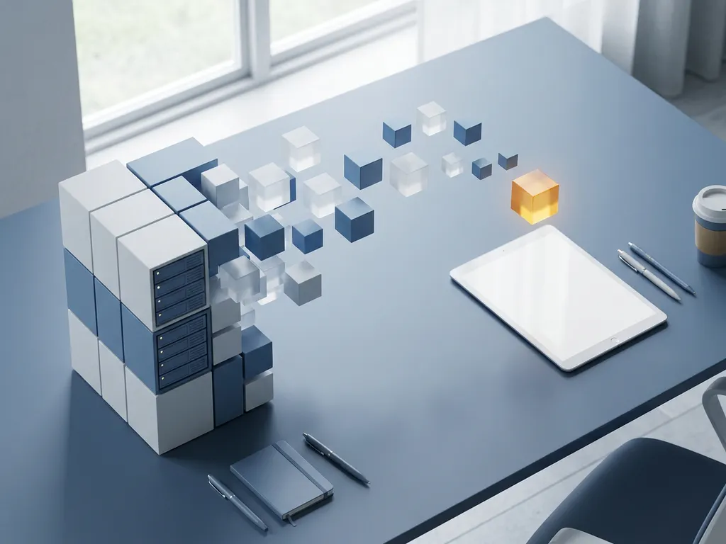 Serverrack die oplost in zwevende geometrische kubussen boven een modern bureau, symboliseert de overgang van fysieke naar digitale infrastructuur.