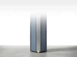 Minimalist silver server rack column fading into white space with a euro coin at its base, symbolizing low-cost cloud hosting.