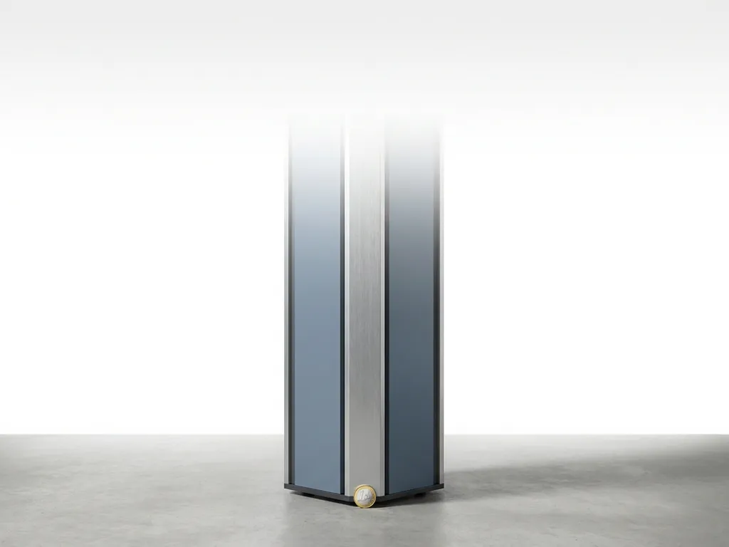 Minimalist silver server rack column fading into white space with a euro coin at its base, symbolizing low-cost cloud hosting.