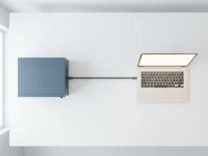 Server rack and laptop connected by a single cable on a white desk, illustrating local-remote server integration in a minimalist flat lay.
