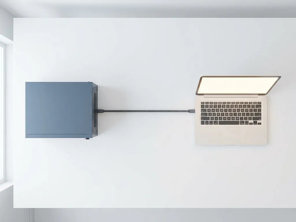 Server rack and laptop connected by a single cable on a white desk, illustrating local-remote server integration in a minimalist flat lay.
