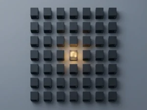 Server rack grid with one module glowing amber, illustrating remote server activation against a slate-grey background.