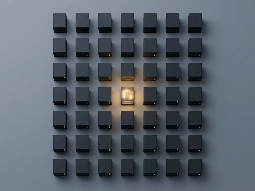 Server rack grid with one module glowing amber, illustrating remote server activation against a slate-grey background.