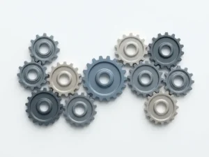 Interlocking silver mechanical gears on white surface, large central gear with soft shadows, minimalist flat lay composition.