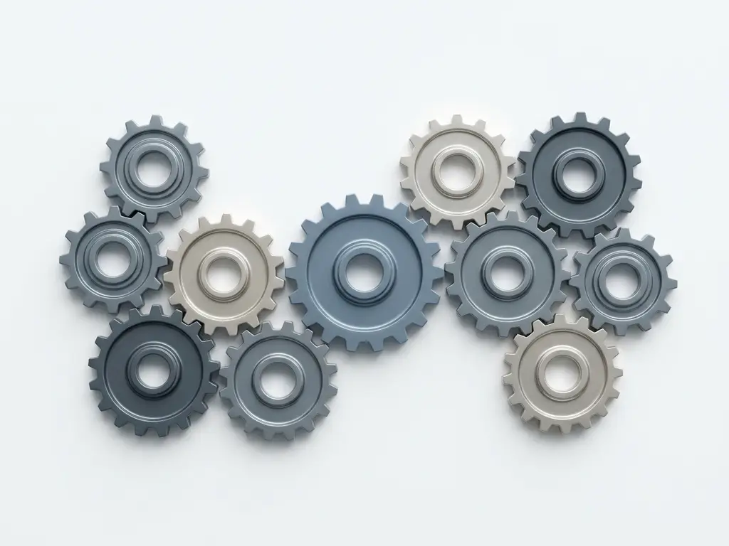 Interlocking silver mechanical gears on white surface, large central gear with soft shadows, minimalist flat lay composition.