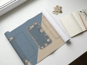Smartphone-blauwdruk uitgevouwen op wit bureau naast euromuntjes en open notitieboek, minimalistisch bovenaanzicht.