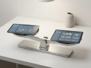 Balanced scale holding a software interface mockup and results dashboard, symbolizing equilibrium in design and data, on a white desk.