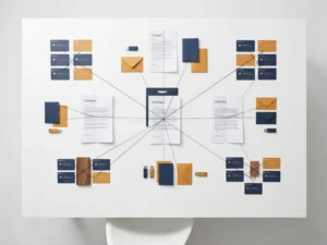 Software license keys and contract documents arranged in geometric clusters on a white desk, connected by thin lines in navy blue and amber tones.