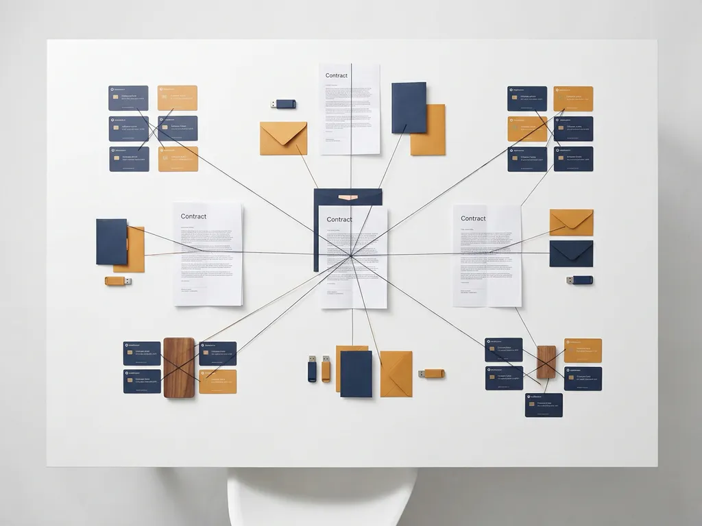Software license keys and contract documents arranged in geometric clusters on a white desk, connected by thin lines in navy blue and amber tones.