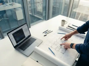 Nederlandse softwareprofessional bestudeert architectuurblauwdrukken op minimalistisch wit bureau naast laptop in glazen kantoor.
