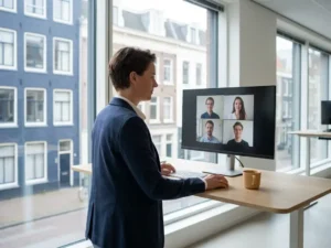 Nederlandse professional bij staand bureau bekijkt videovergadering met remote developers op groot scherm, lichte open kantoorruimte.