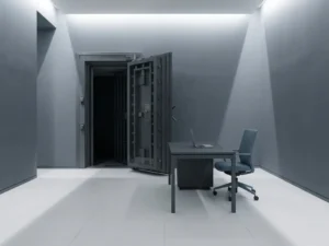Zware stalen kluisdeur op een kier in een minimalistisch modern kantoor met leisteengrijze wanden en een bureau op de achtergrond.