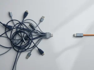 Tangled cluster of cables converging into a single fragile plug on a navy blue desk, with a modular connector alternative resting nearby.