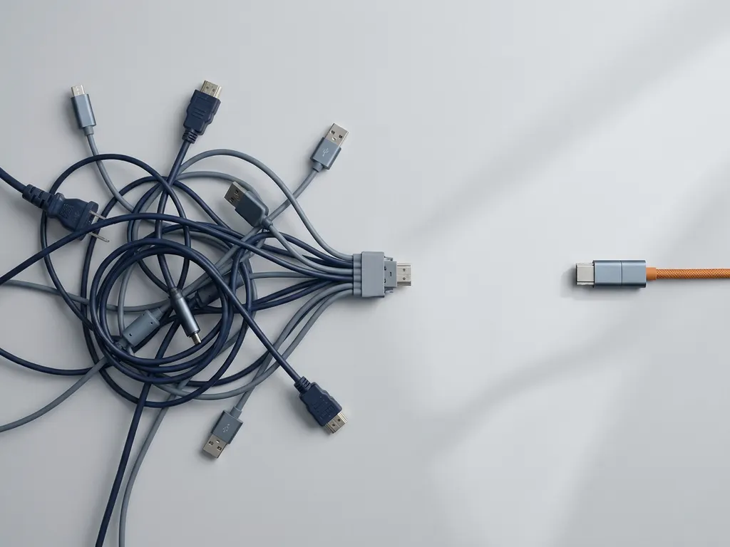 Tangled cluster of cables converging into a single fragile plug on a navy blue desk, with a modular connector alternative resting nearby.