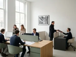 Vast team dat samenwerkt aan een bureau naast een freelancer die een eindproduct overdraagt in een minimalistisch Nederlands kantoor met saliegroen en warm gebroken wit.